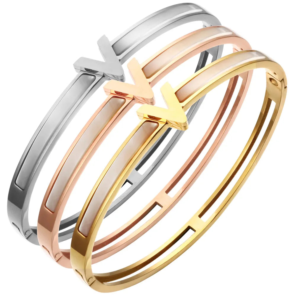 ⨠JINHUI 18k Gold Plated Stainless Steel V Letter Cuff Bangle ā Trendy Charm Bracelet
