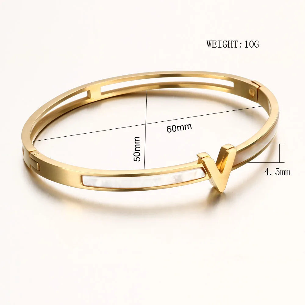 ⨠JINHUI 18k Gold Plated Stainless Steel V Letter Cuff Bangle ā Trendy Charm Bracelet