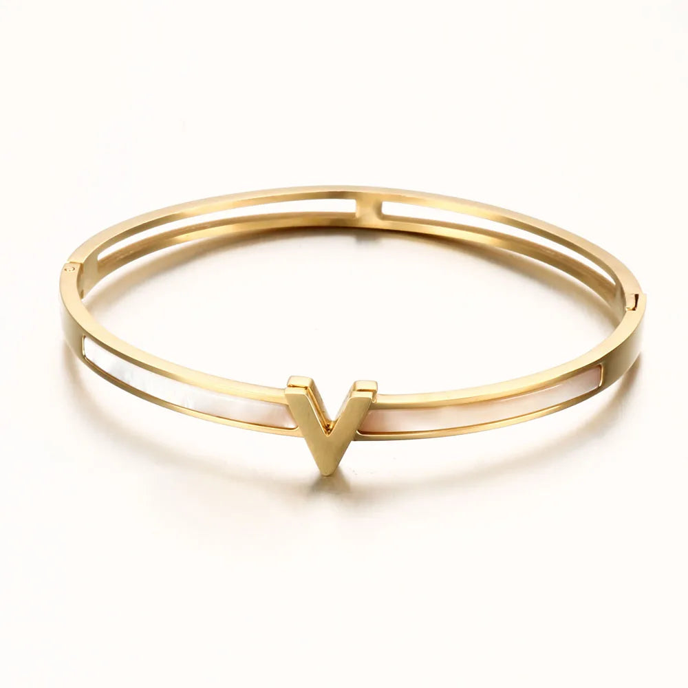 ⨠JINHUI 18k Gold Plated Stainless Steel V Letter Cuff Bangle ā Trendy Charm Bracelet