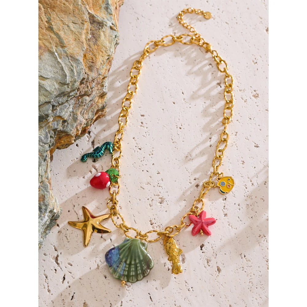 π 18k Gold Plated Yhpup Ocean Style Enamel Shell and Starfish Pendant Necklace β 2025 Summer Collection