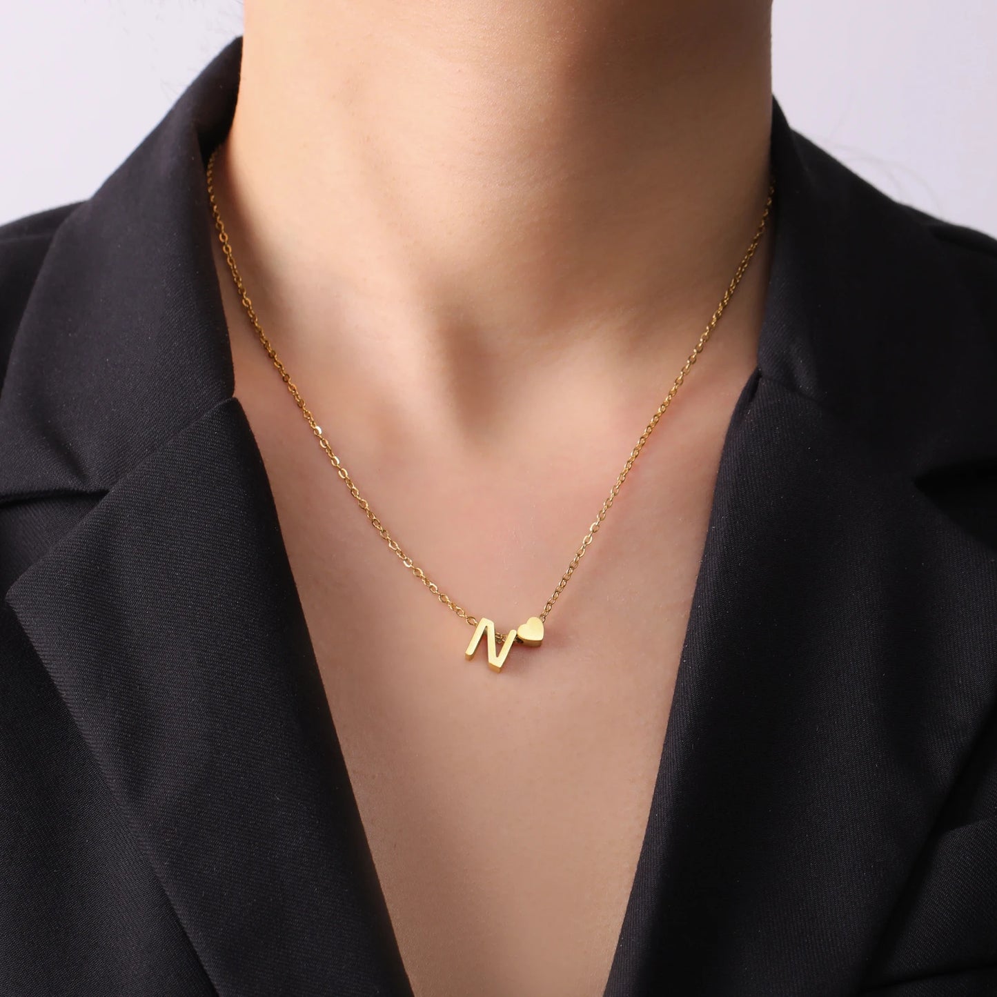 Skyrim Tiny Heart Initial Necklace-Stainlesssteel