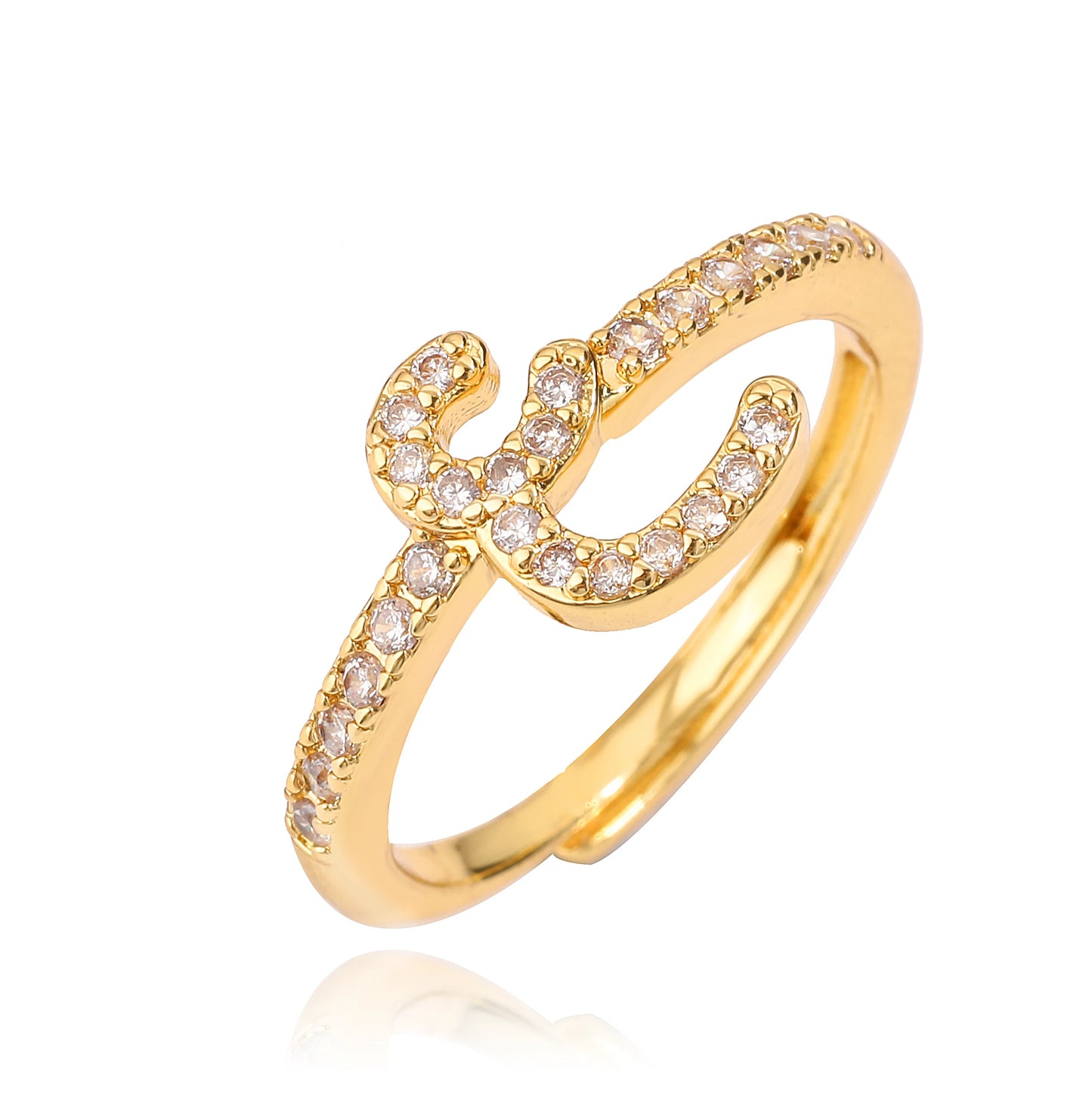 🌙 18k Gold Plated Arabic Letter Square Ring – HECHENG Women’s Fashion Ring with Zircon Inlay