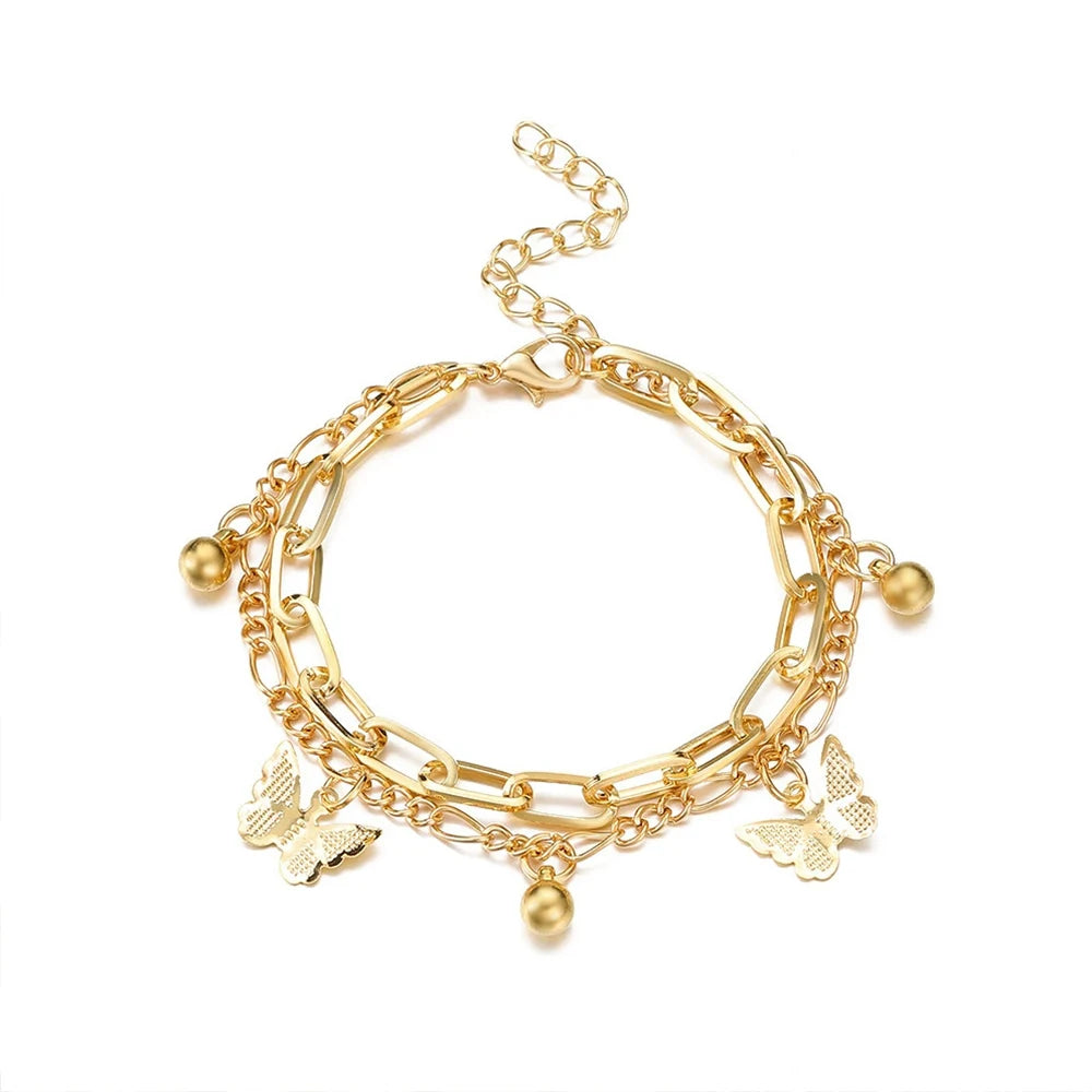 🦋18K gold-plated Nifty Double Layer Butterfly Charm Bracelet – Elegant Gold/Silver Chain for Women