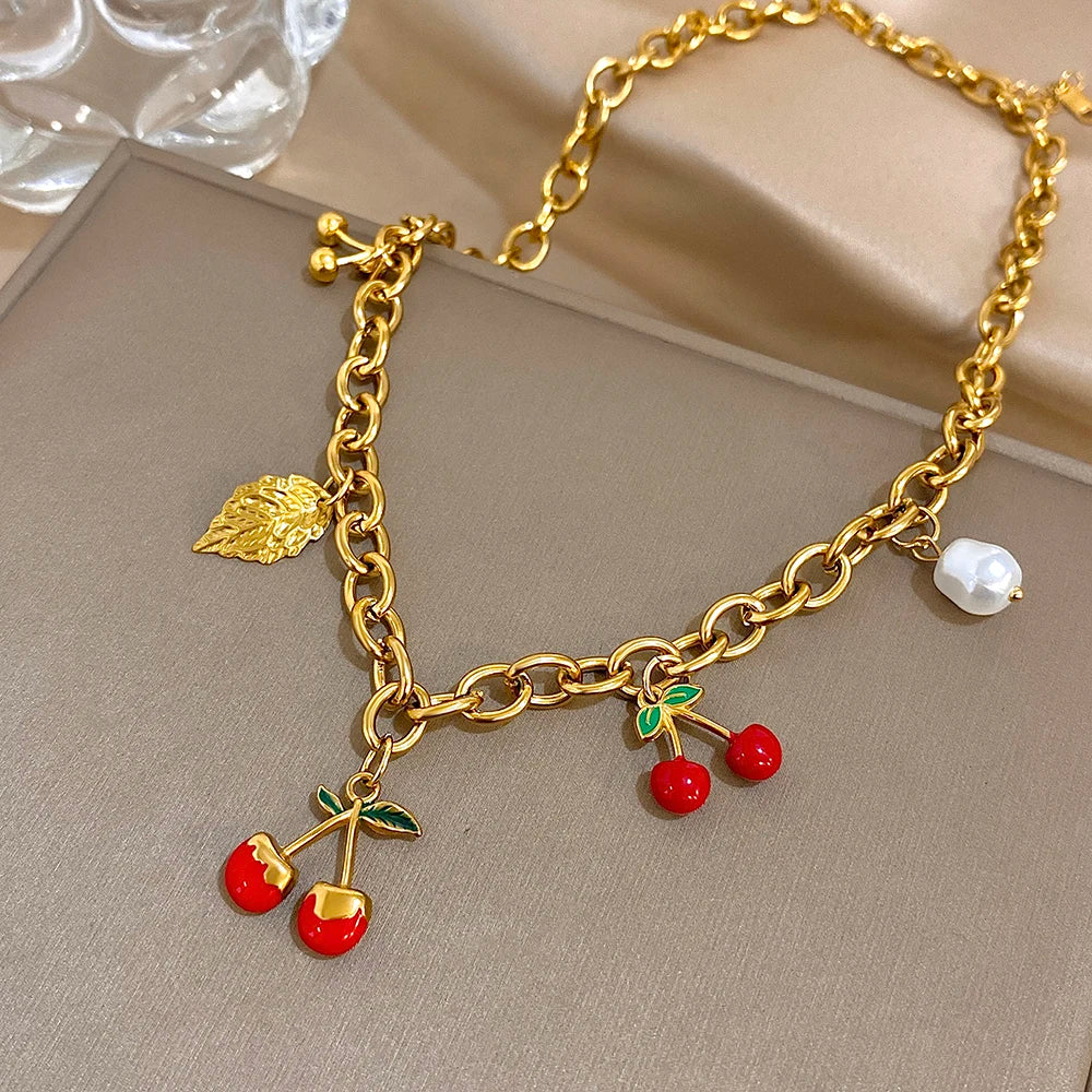 🍒 Chunky Gold Cherry and Leaf Charm Bracelet/Necklace Set – Stainless Steel Elegance
