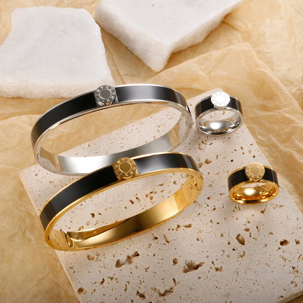 💫 JINHUI 18 Karat vergoldetes Edelstahl-Emaille-Armreif- und Ringset – Klassischer Schmuck mit römischen Ziffern