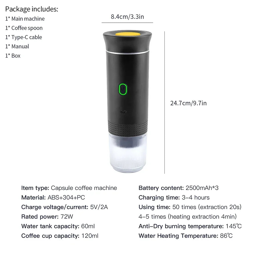 Portable Espresso Coffee Maker – 3-in-1 Capsule and Ground Coffee | Wireless, High Pressure, Travel-Friendly