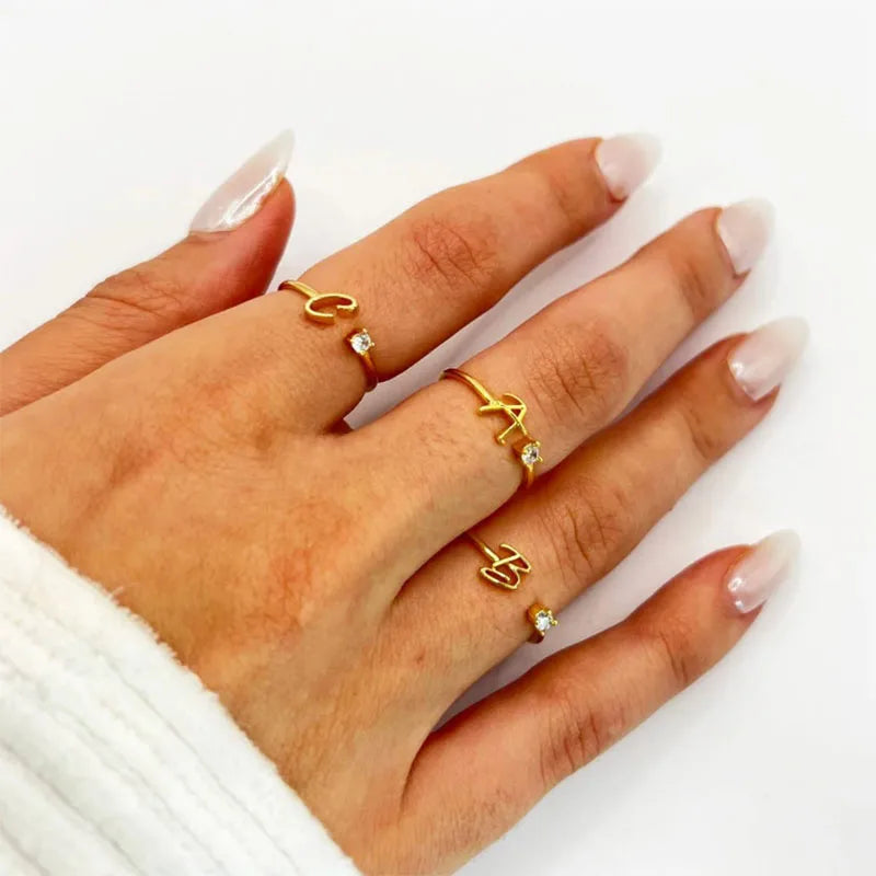 ✨ 18k Gold Plated Tiny A–Z Initial Letter Rings – Adjustable Stainless Steel Rings