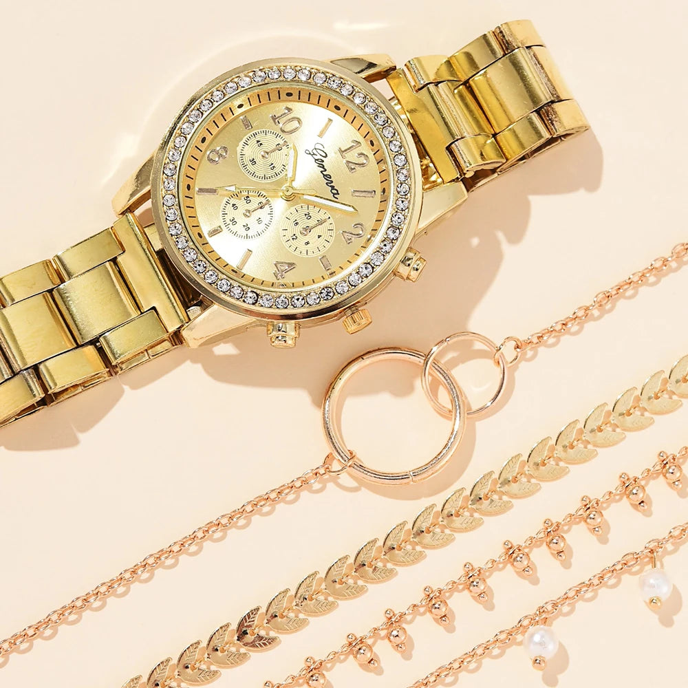 5-Piece Gold Luxe Watch & Bracelet Set✨