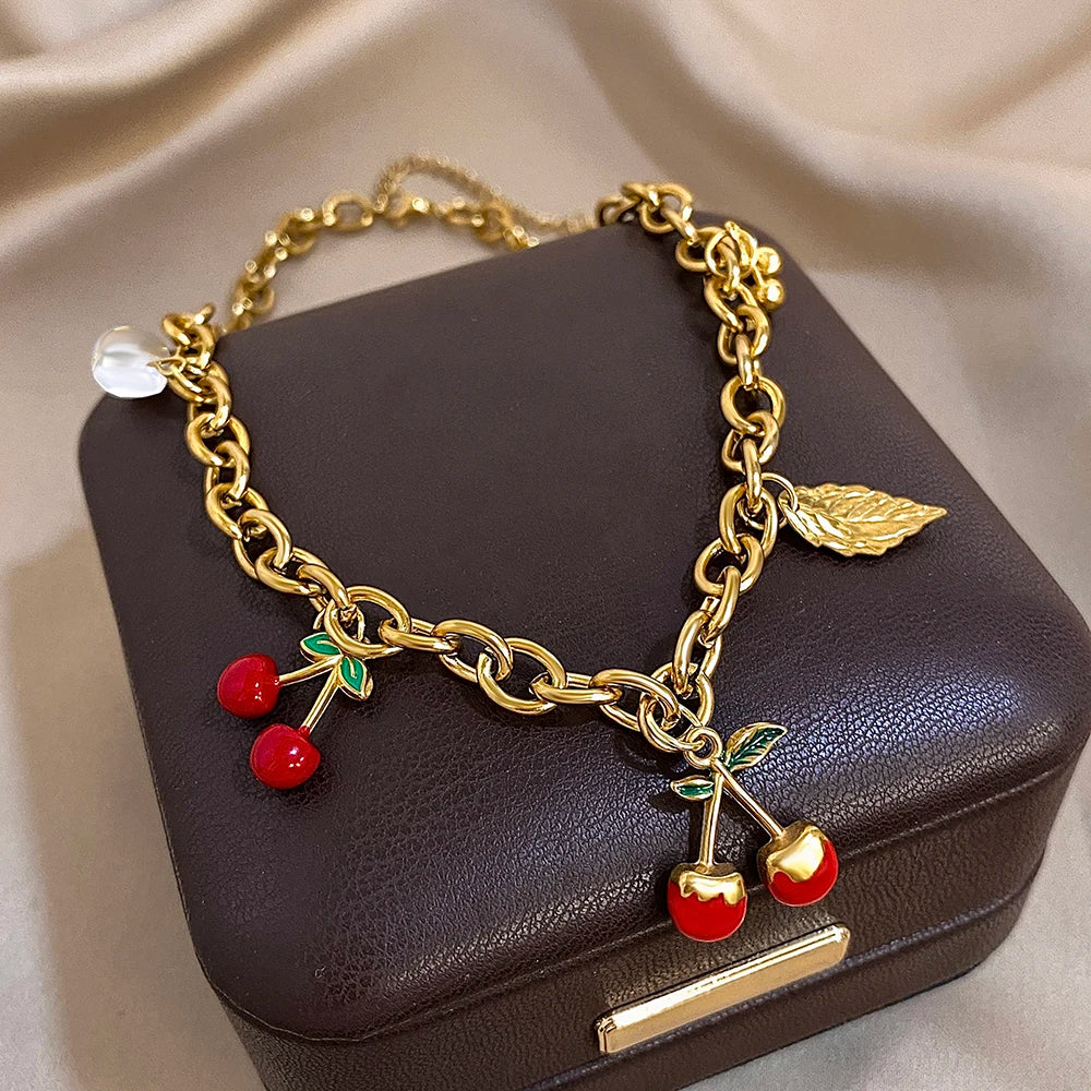 🍒 Chunky Gold Cherry and Leaf Charm Bracelet/Necklace Set – Stainless Steel Elegance