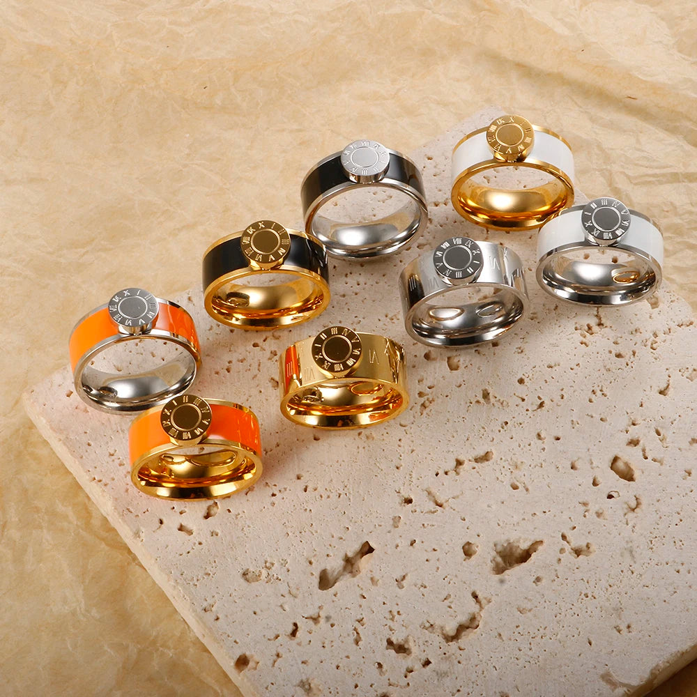 💫 JINHUI 18 Karat vergoldetes Edelstahl-Emaille-Armreif- und Ringset – Klassischer Schmuck mit römischen Ziffern