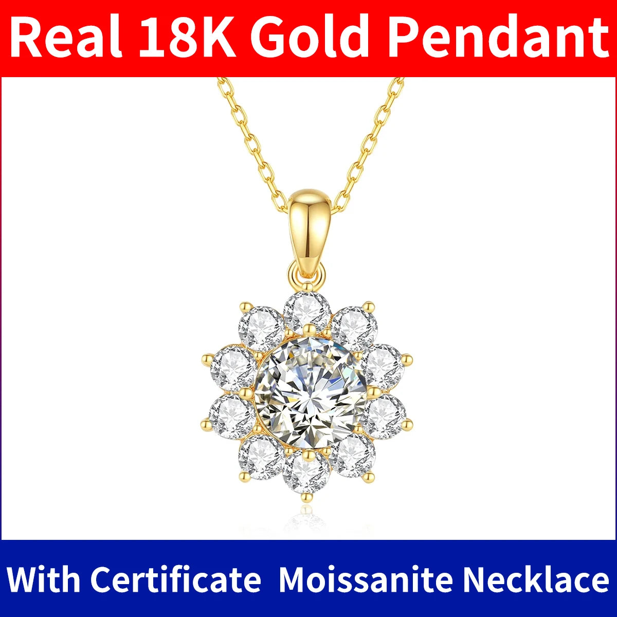 💎 Szjinao 1ct Moissanite Flower Pendant Necklace – 100% Real 18K Gold with Certificate | Luxury Wedding Anniversary Jewelry