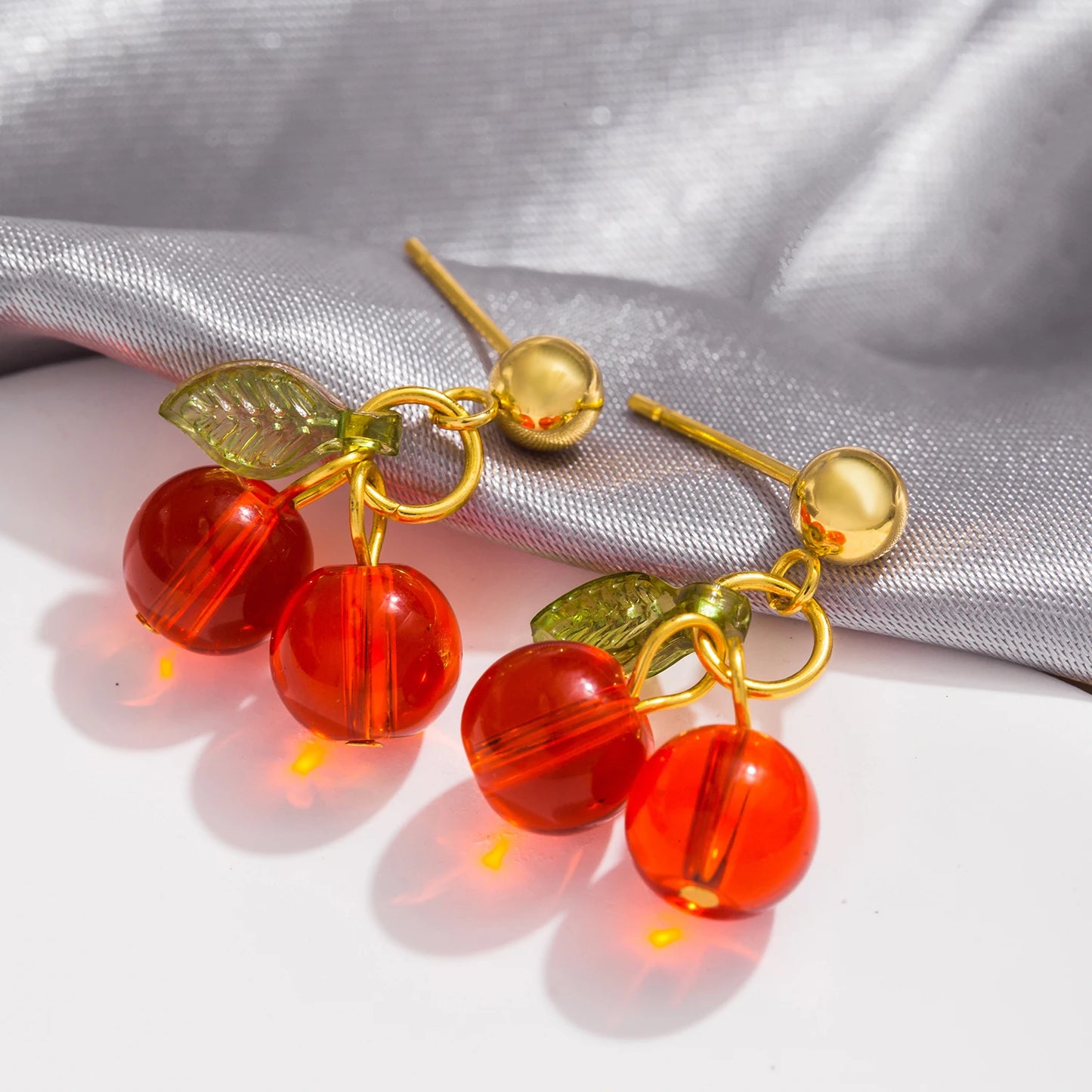 🍒 Cherry Charm – 18K Gold PVD Plated Stainless Steel Red Crystal Drop Earrings