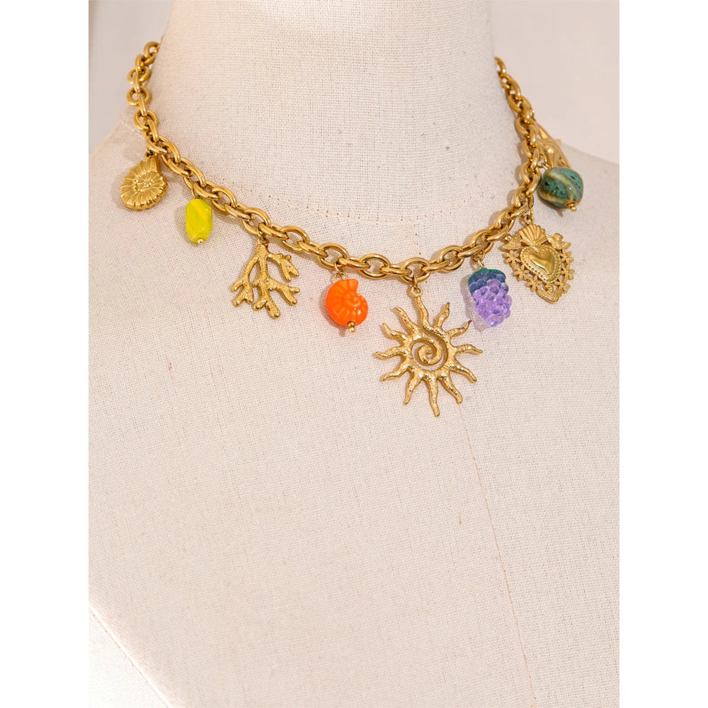 ☀️ 18k Gold Plated Yhpup Exquisite Ceramic Ocean Style Sun Pendant Necklace – Trendy Stainless Steel Jewelry