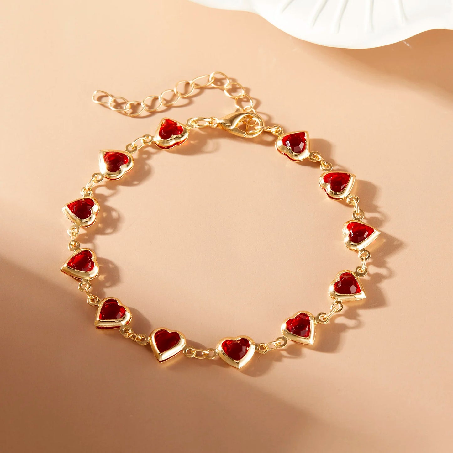 ❤️ Elegant Red Crystal Heart Bracelet – 18K Gold Plated Charm Jewelry
