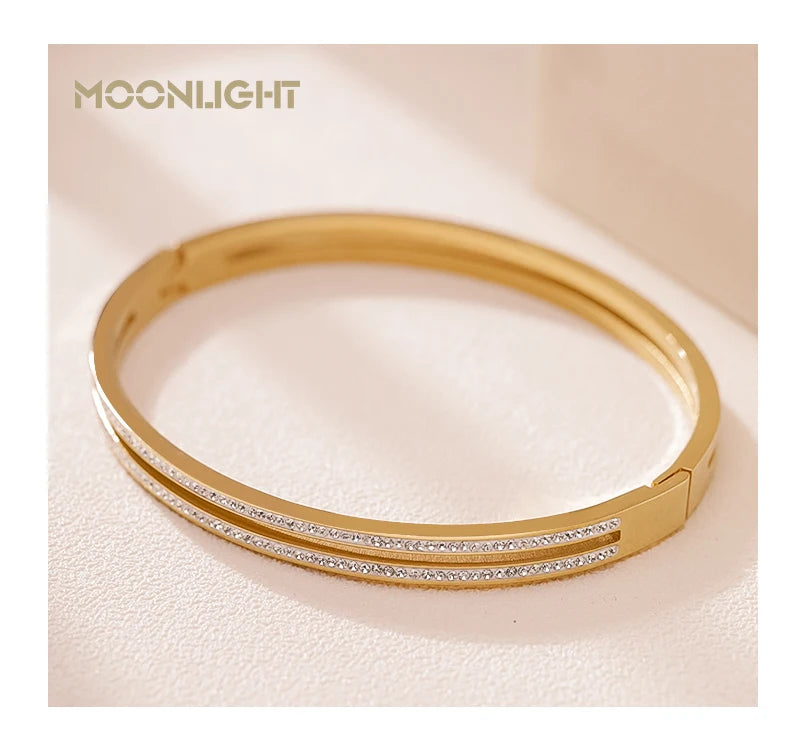 π 18K Gold Plated MOONLIGHT Cuff Bangle β Classic Titanium Steel Bracelet with Cubic Zirconia for Women