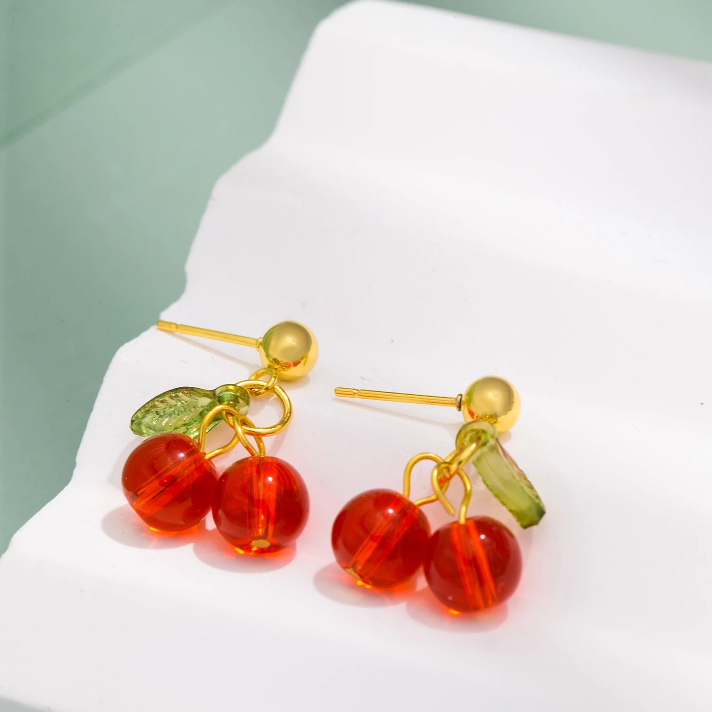 🍒 Cherry Charm – 18K Gold PVD Plated Stainless Steel Red Crystal Drop Earrings