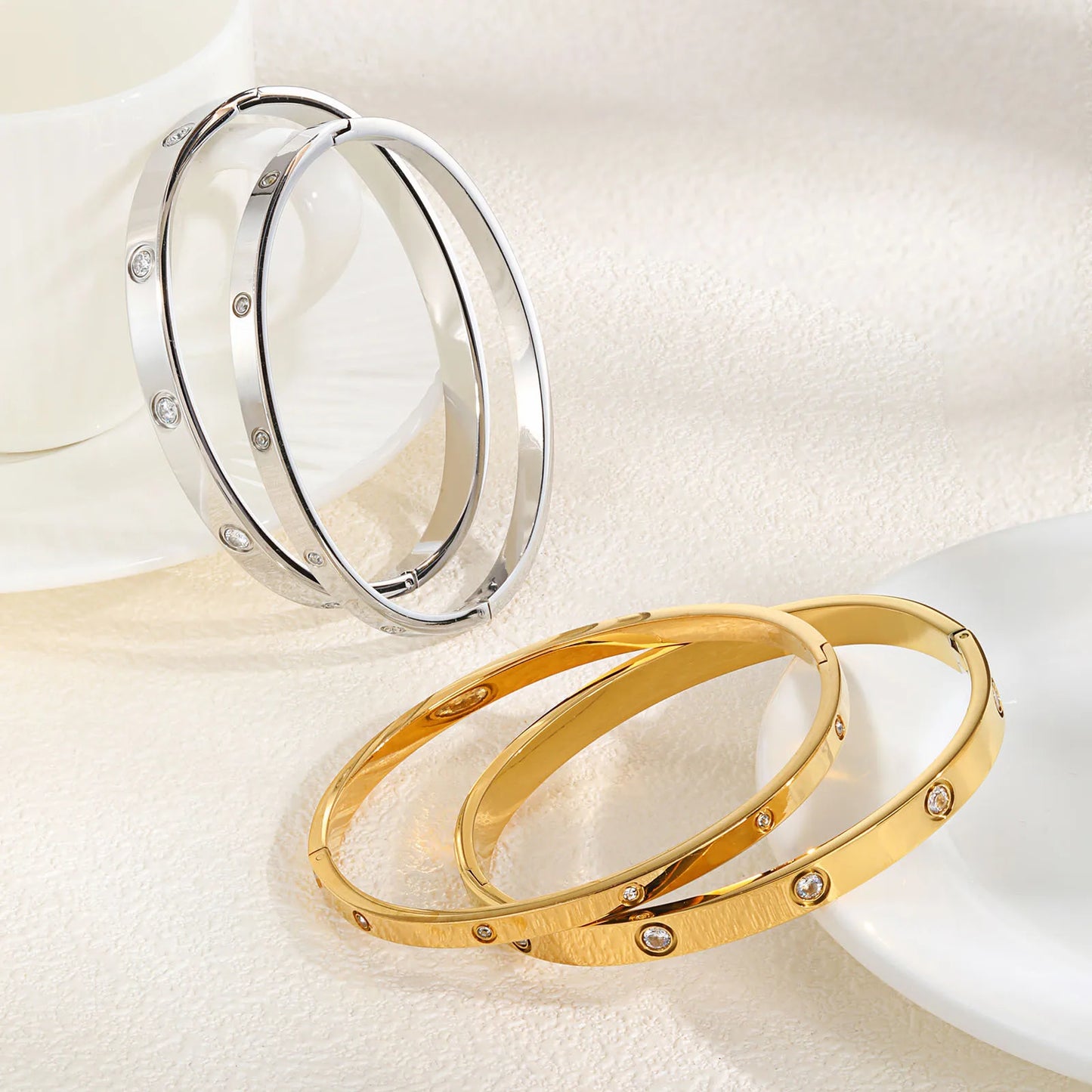 π 18K Gold-Plated Waterproof Luxury Bangle β Stainless Steel with Round Zircon Stones