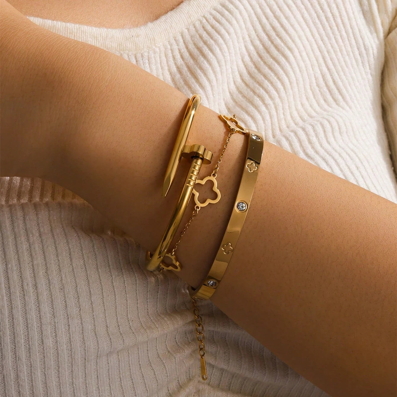 ✨ 3PCS French Lucky Clover Bracelet Set – Elegant Stainless Steel for Women