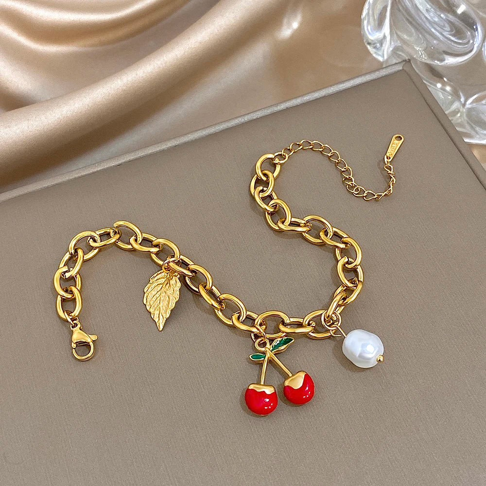 🍒 Chunky Gold Cherry and Leaf Charm Bracelet/Necklace Set – Stainless Steel Elegance