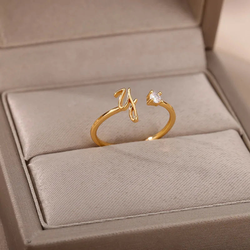 ✨ 18k Gold Plated Tiny A–Z Initial Letter Rings – Adjustable Stainless Steel Rings
