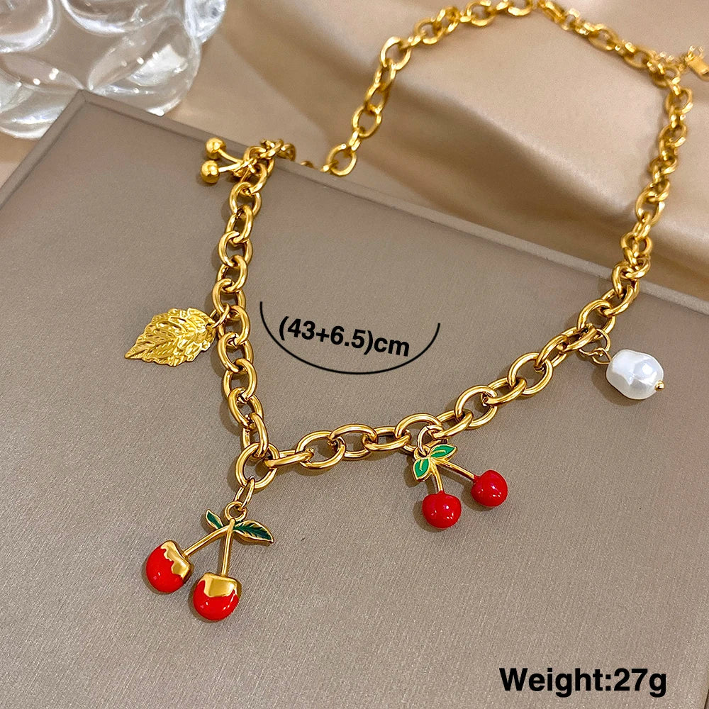 🍒 Chunky Gold Cherry and Leaf Charm Bracelet/Necklace Set – Stainless Steel Elegance