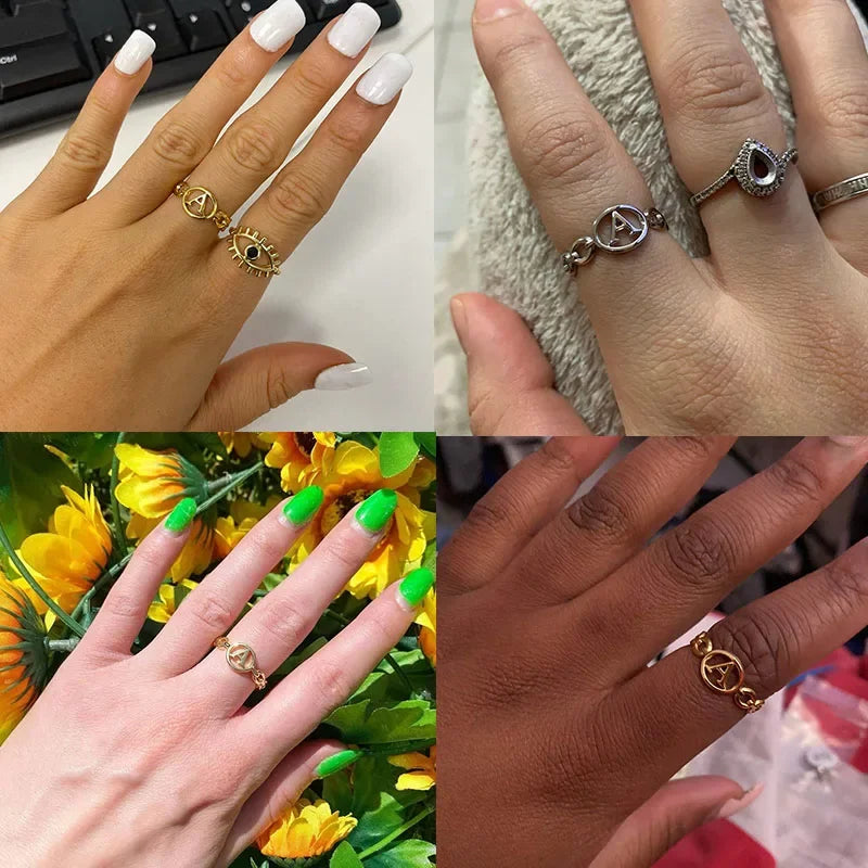 π 18k Gold Plated Hollow AβZ Initial Rings β Open Adjustable Stainless Steel Letter Rings