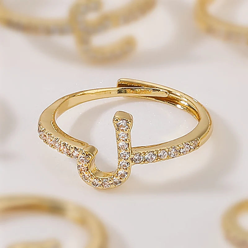 🌙 18k Gold Plated Arabic Letter Square Ring – HECHENG Women’s Fashion Ring with Zircon Inlay