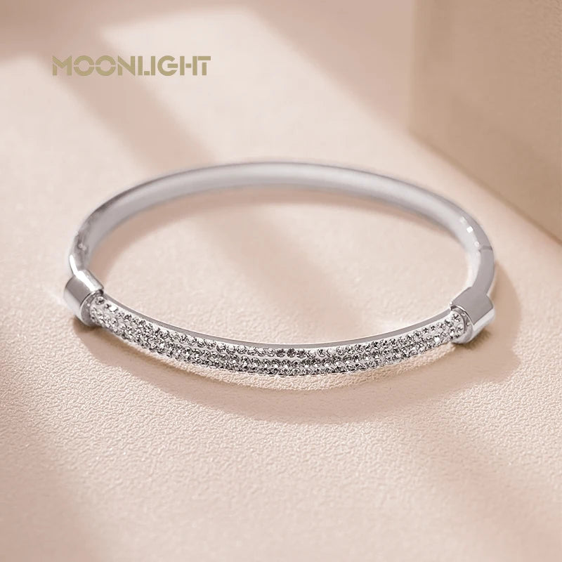 π 18K Gold Plated MOONLIGHT Cuff Bangle β Classic Titanium Steel Bracelet with Cubic Zirconia for Women