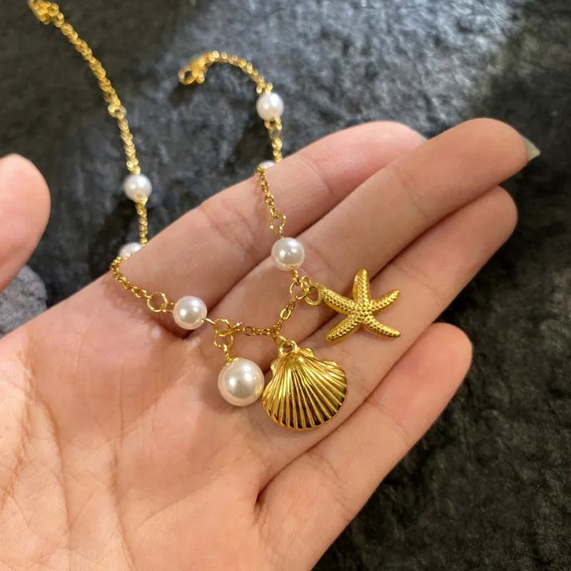 🌊 Ocean-Inspired Shell Pearl and Starfish Bracelet – 18K Gold Plated Summer Charm