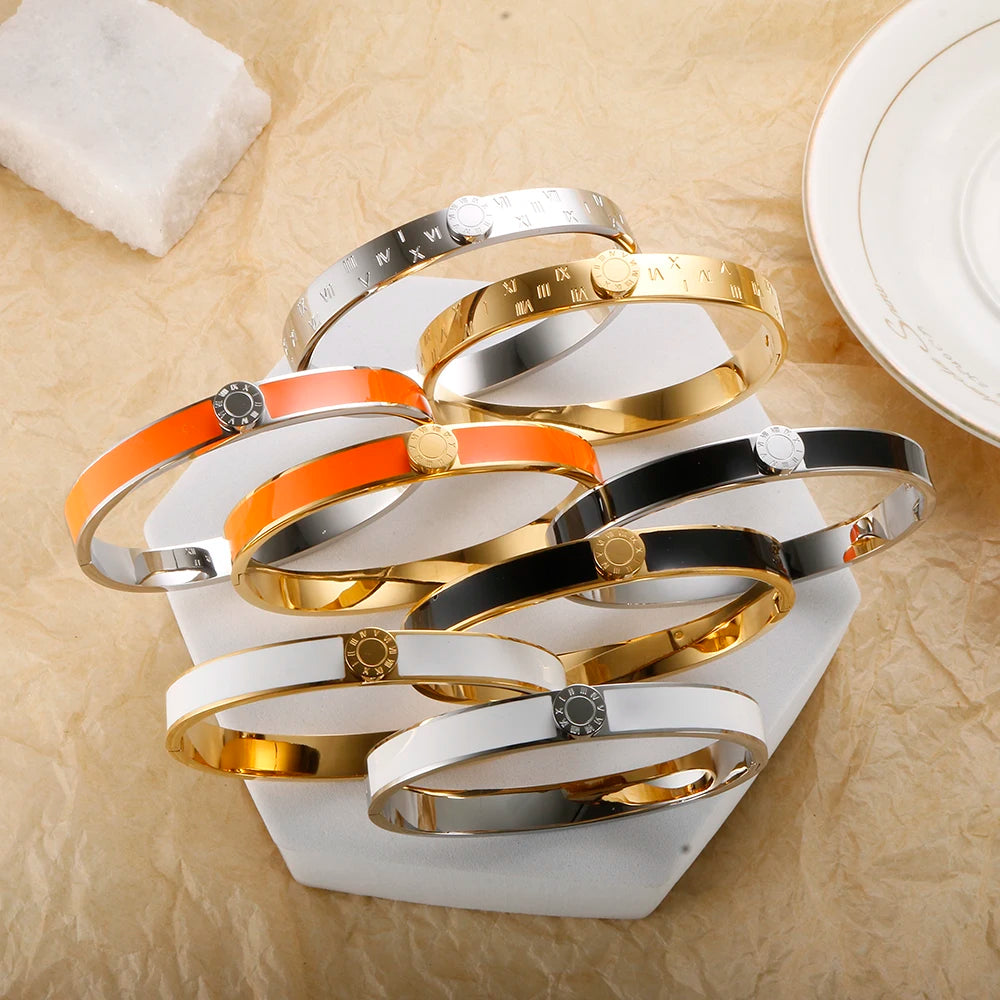 💫 JINHUI 18 Karat vergoldetes Edelstahl-Emaille-Armreif- und Ringset – Klassischer Schmuck mit römischen Ziffern