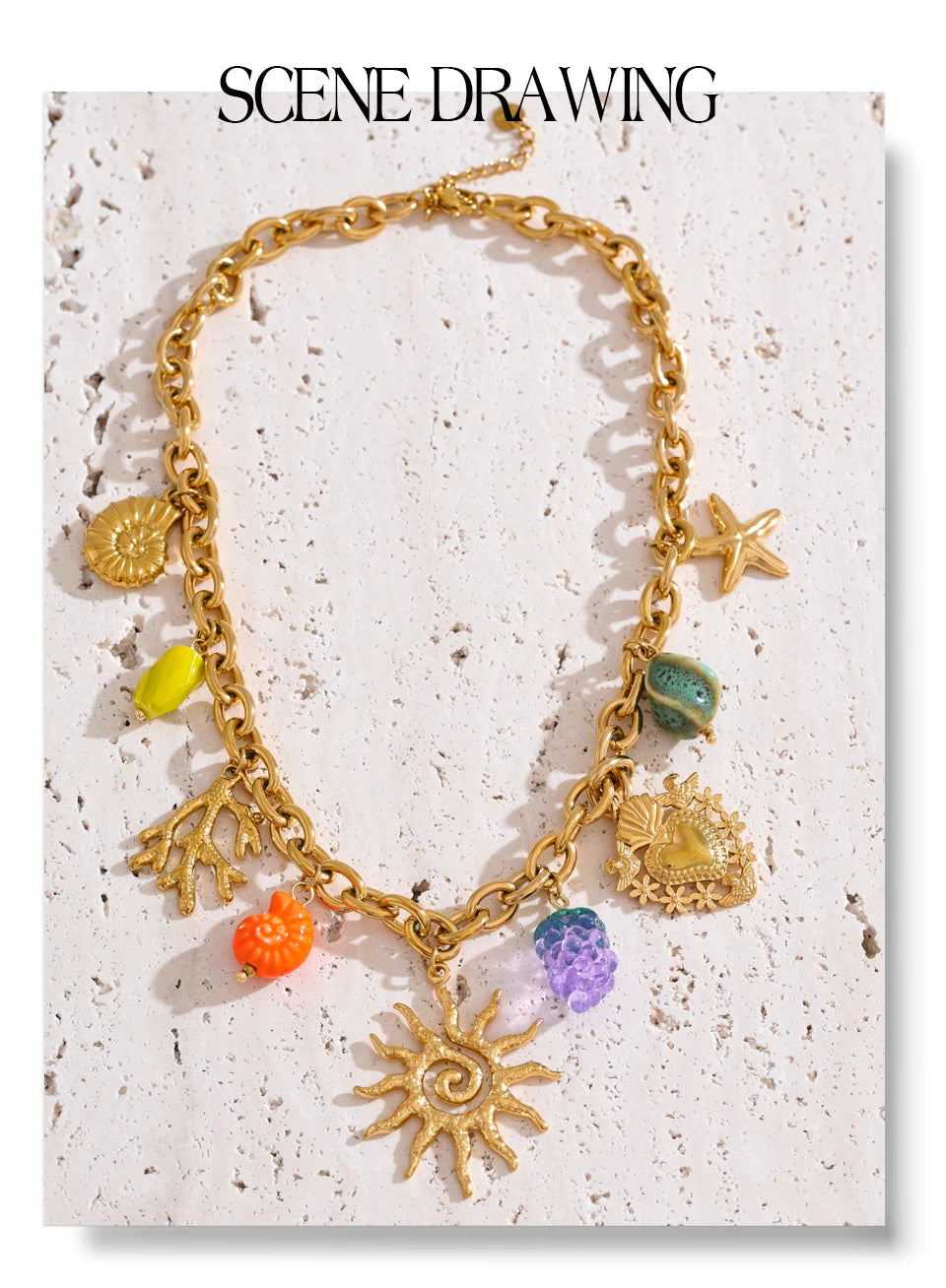 ☀️ 18k Gold Plated Yhpup Exquisite Ceramic Ocean Style Sun Pendant Necklace – Trendy Stainless Steel Jewelry