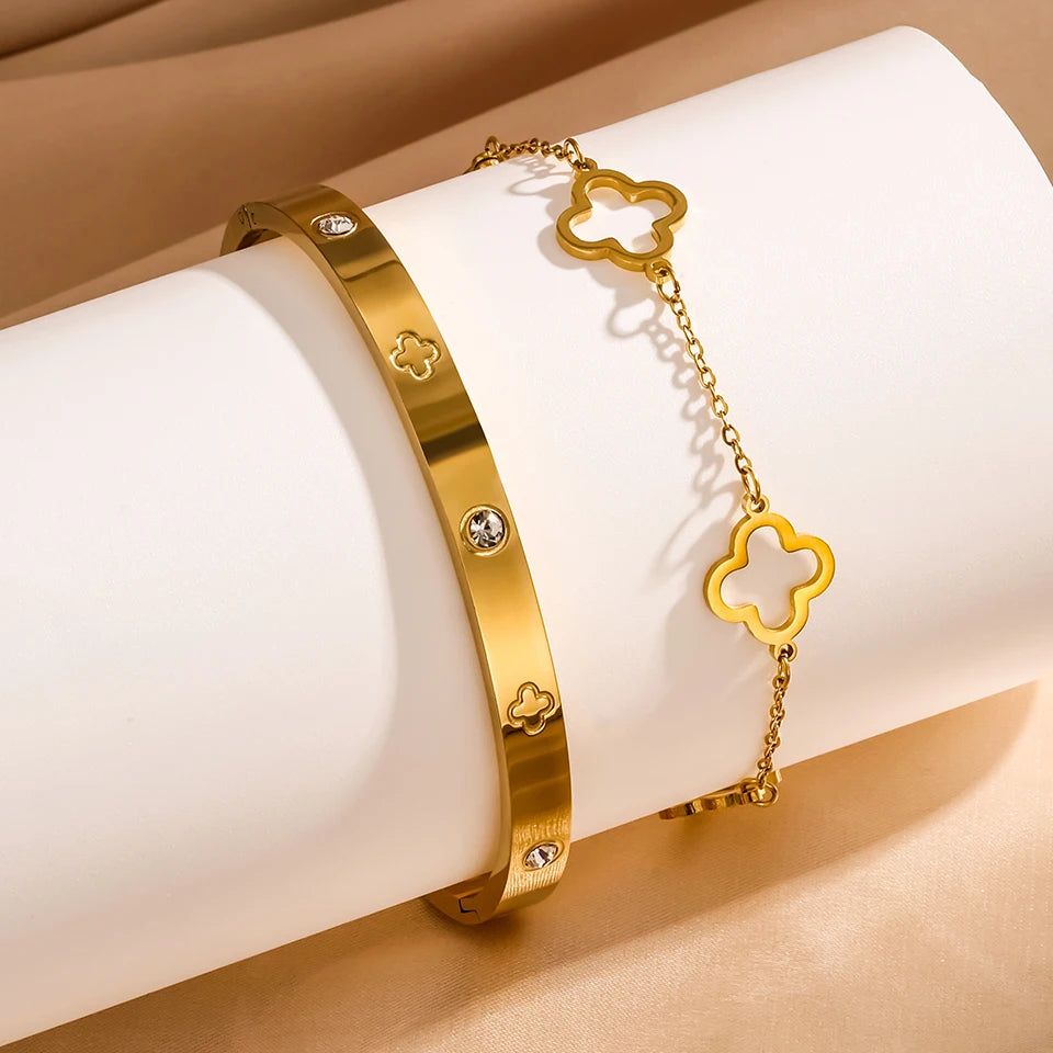 ✨ 3PCS French Lucky Clover Bracelet Set – Elegant Stainless Steel for Women