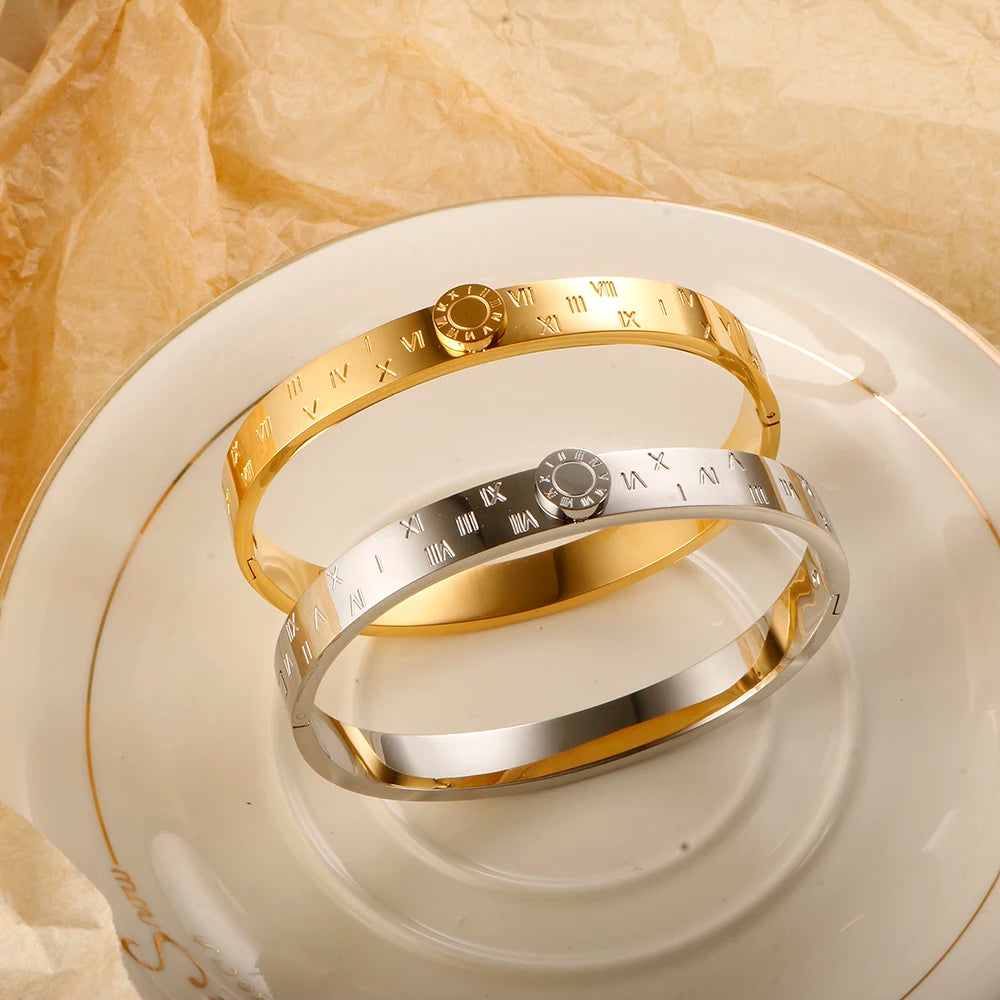 💫 JINHUI 18 Karat vergoldetes Edelstahl-Emaille-Armreif- und Ringset – Klassischer Schmuck mit römischen Ziffern