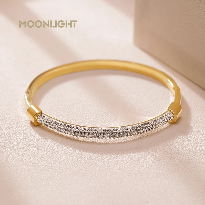 π 18K Gold Plated MOONLIGHT Cuff Bangle β Classic Titanium Steel Bracelet with Cubic Zirconia for Women