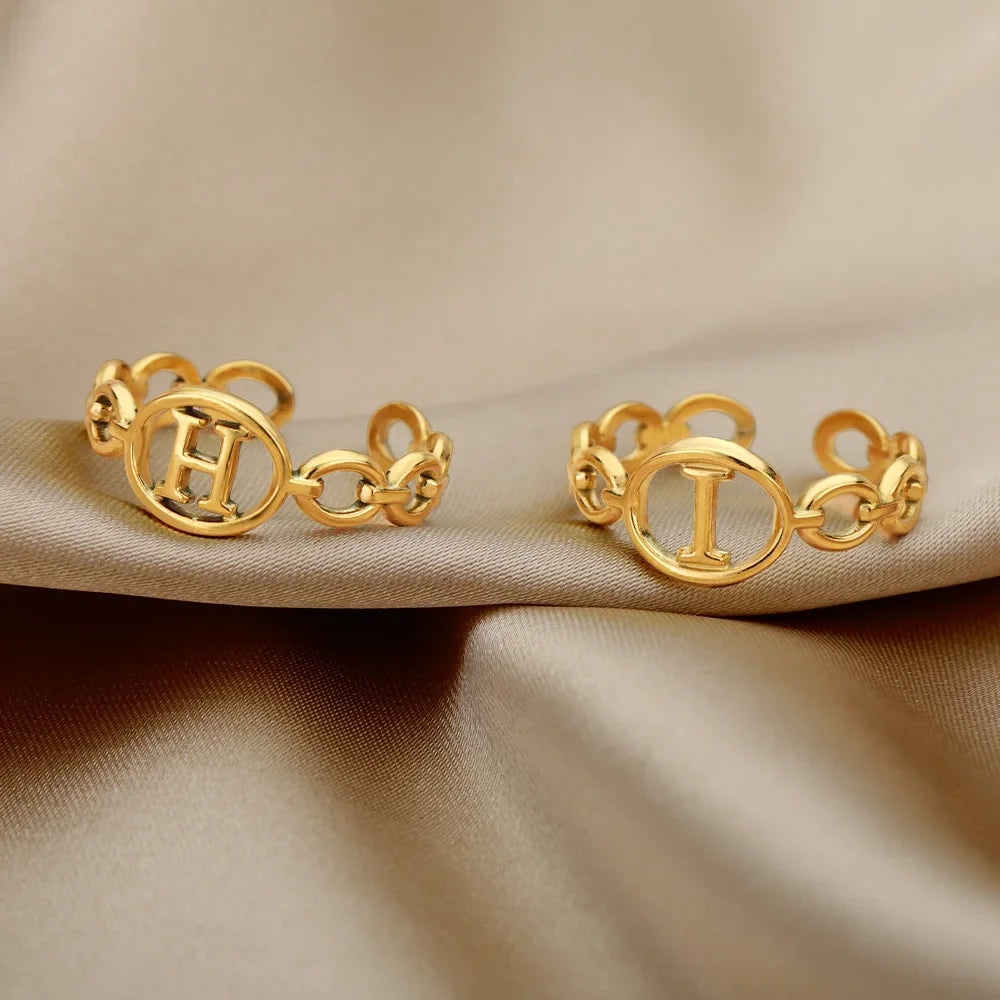 π 18k Gold Plated Hollow AβZ Initial Rings β Open Adjustable Stainless Steel Letter Rings