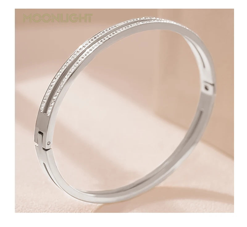 π 18K Gold Plated MOONLIGHT Cuff Bangle β Classic Titanium Steel Bracelet with Cubic Zirconia for Women