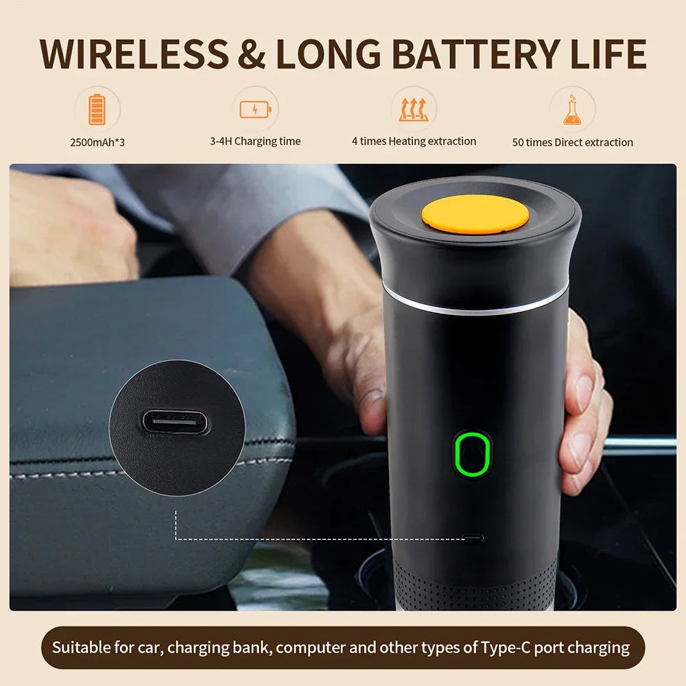 Portable Espresso Coffee Maker – 3-in-1 Capsule and Ground Coffee | Wireless, High Pressure, Travel-Friendly