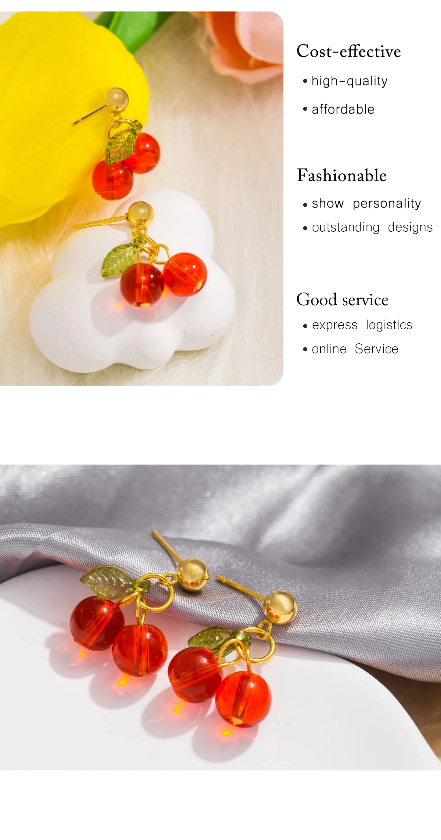 🍒 Cherry Charm – 18K Gold PVD Plated Stainless Steel Red Crystal Drop Earrings