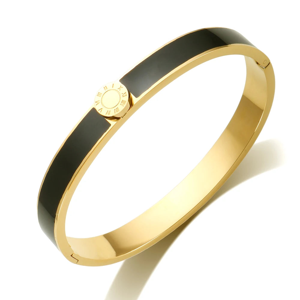 💫 JINHUI 18 Karat vergoldetes Edelstahl-Emaille-Armreif- und Ringset – Klassischer Schmuck mit römischen Ziffern