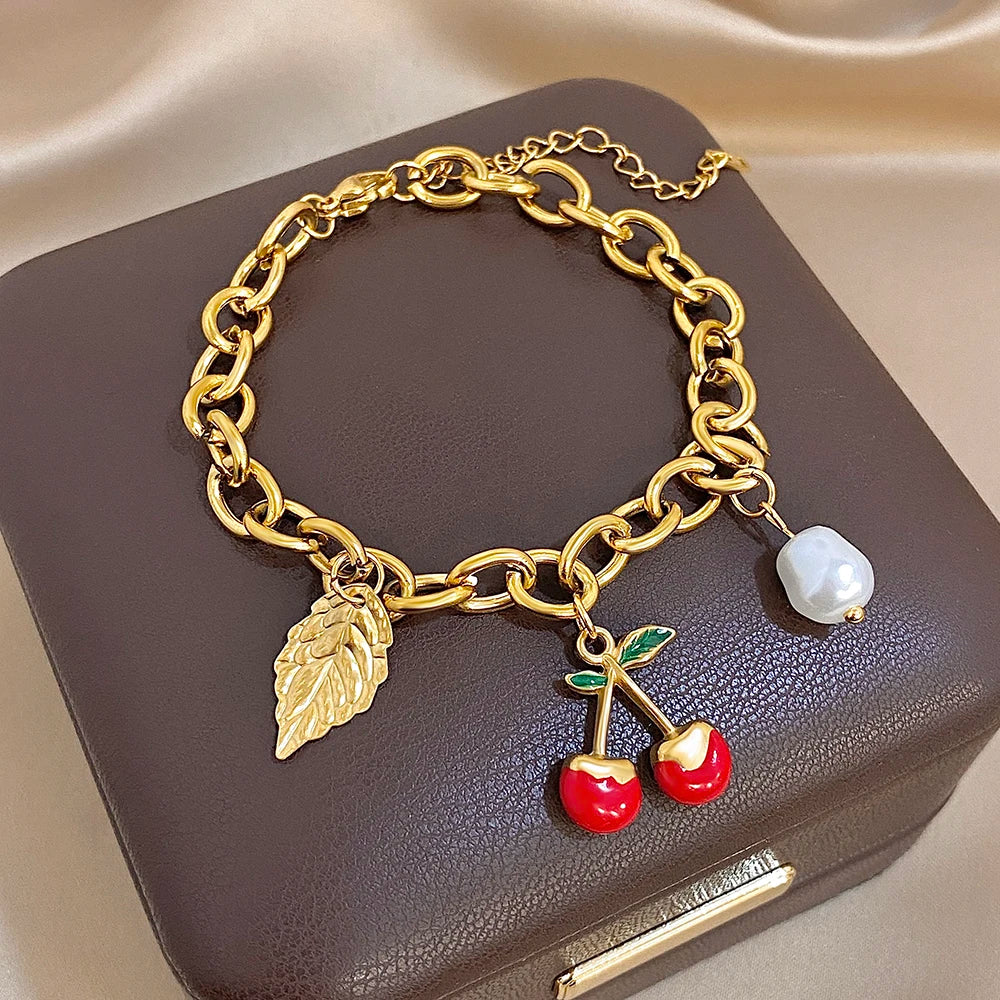 🍒 Chunky Gold Cherry and Leaf Charm Bracelet/Necklace Set – Stainless Steel Elegance