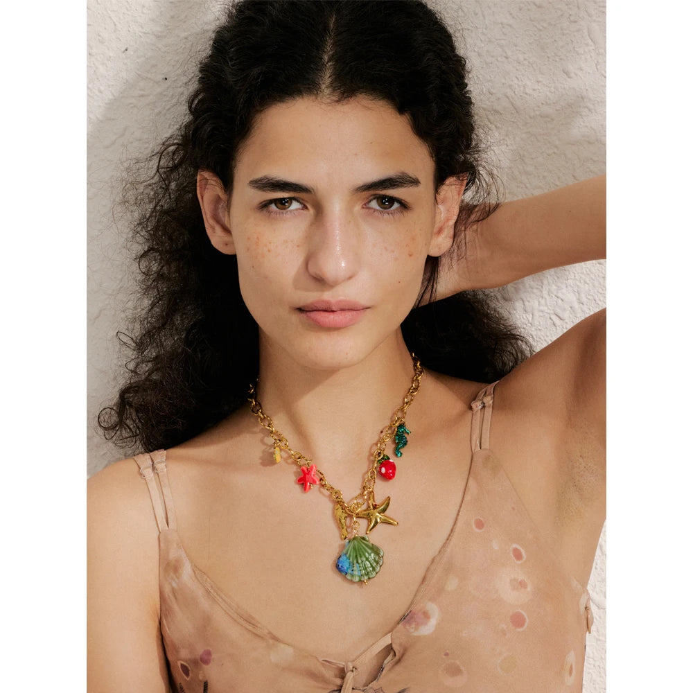 π 18k Gold Plated Yhpup Ocean Style Enamel Shell and Starfish Pendant Necklace β 2025 Summer Collection