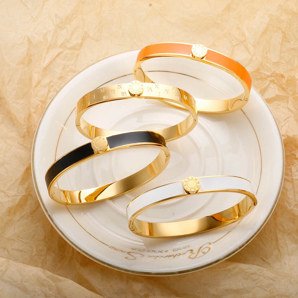 💫 JINHUI 18 Karat vergoldetes Edelstahl-Emaille-Armreif- und Ringset – Klassischer Schmuck mit römischen Ziffern