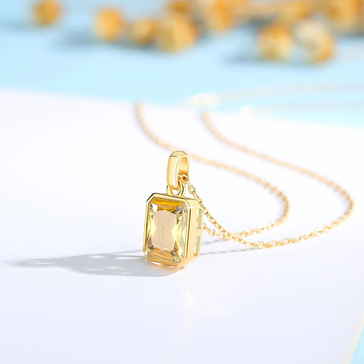 ✨ Szjinao Halskette mit Anhänger aus 100 % echtem 18 Karat Gold mit rechteckigem gelbem Stein – Zertifiziertes AU750-Gold | Luxuriöser Hochzeitsschmuck für Damen