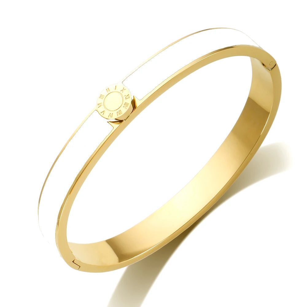 💫 JINHUI 18 Karat vergoldetes Edelstahl-Emaille-Armreif- und Ringset – Klassischer Schmuck mit römischen Ziffern