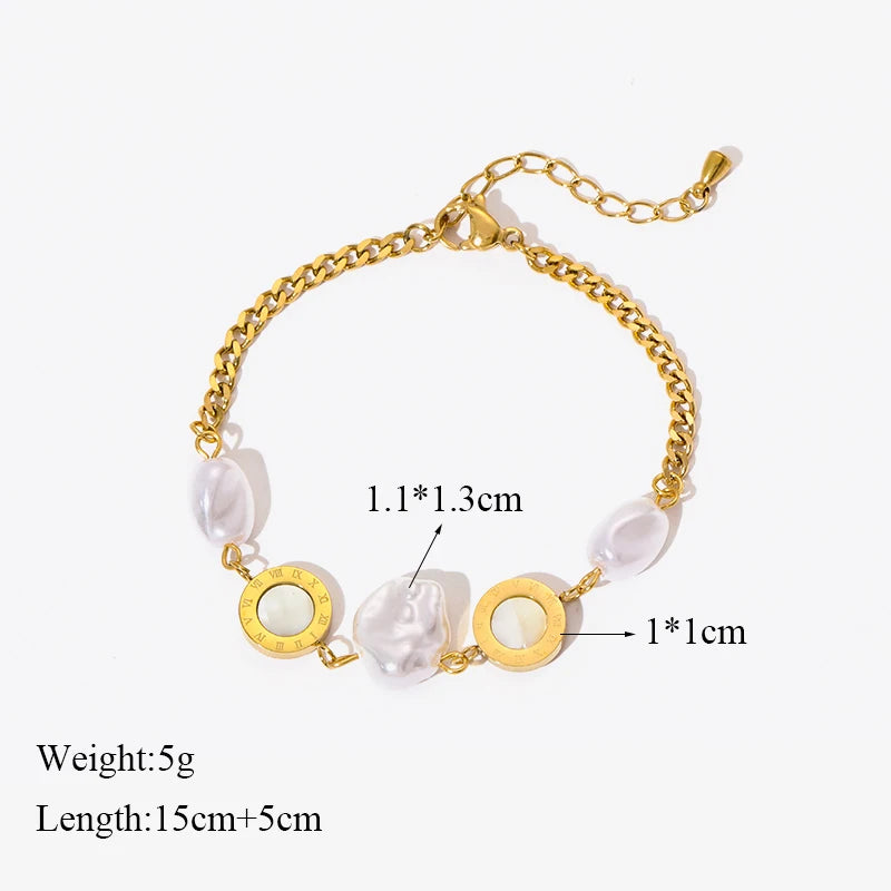 π EILIECK 18K Gold Plated Pearl Roman Numeral Charm Bracelet β Elegant 316L Stainless Steel Jewelry for Women