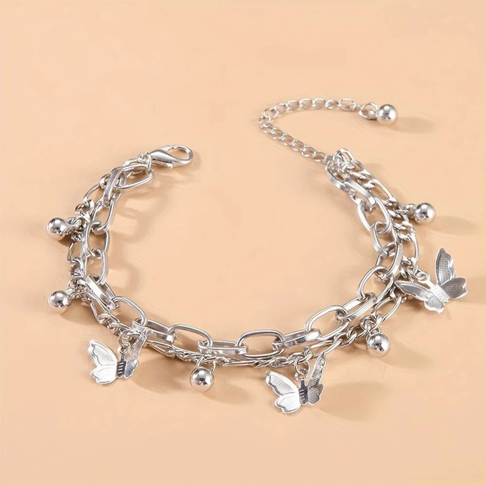 🦋18K gold-plated Nifty Double Layer Butterfly Charm Bracelet – Elegant Gold/Silver Chain for Women