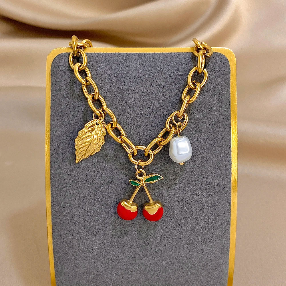 🍒 Chunky Gold Cherry and Leaf Charm Bracelet/Necklace Set – Stainless Steel Elegance