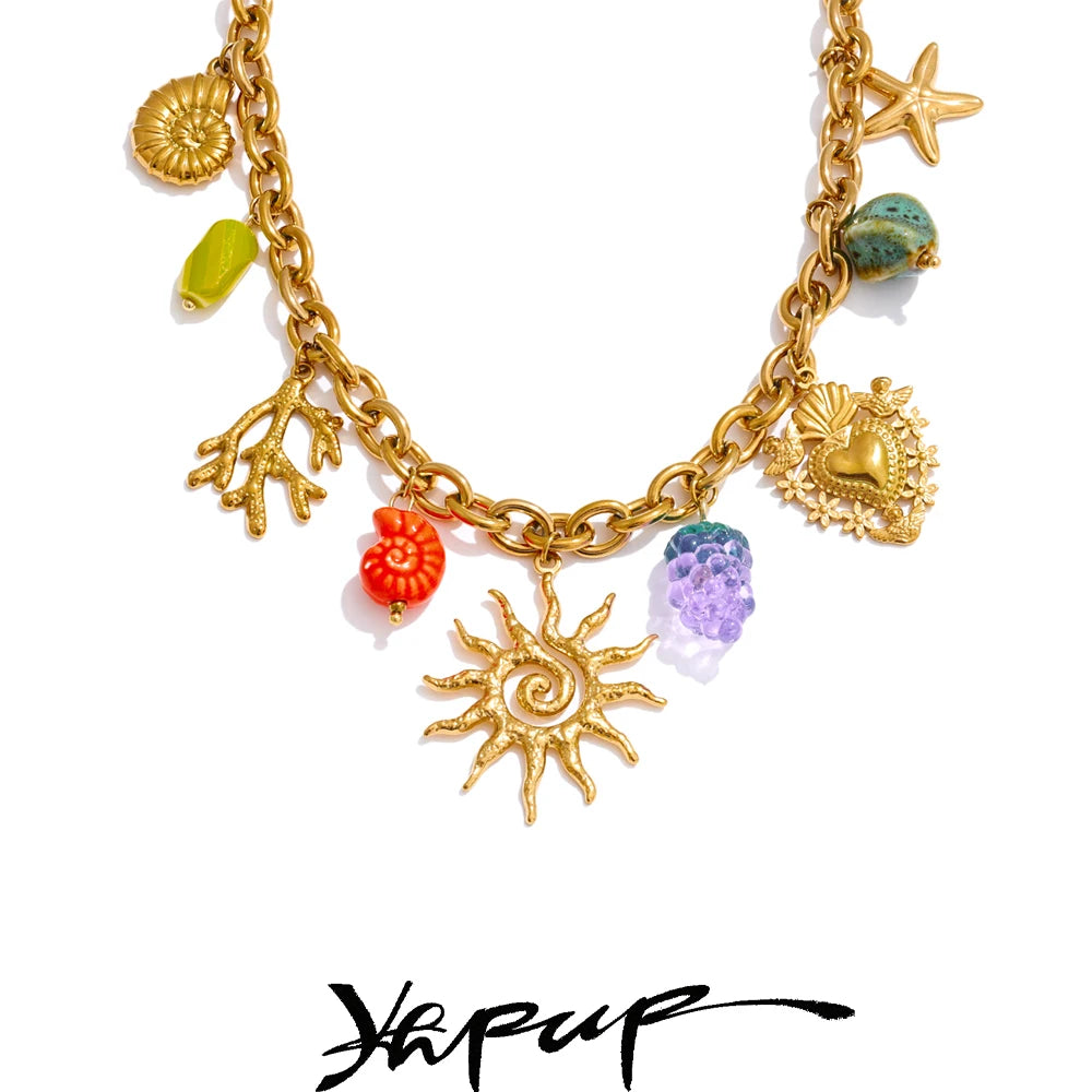 ☀️ 18k Gold Plated Yhpup Exquisite Ceramic Ocean Style Sun Pendant Necklace – Trendy Stainless Steel Jewelry