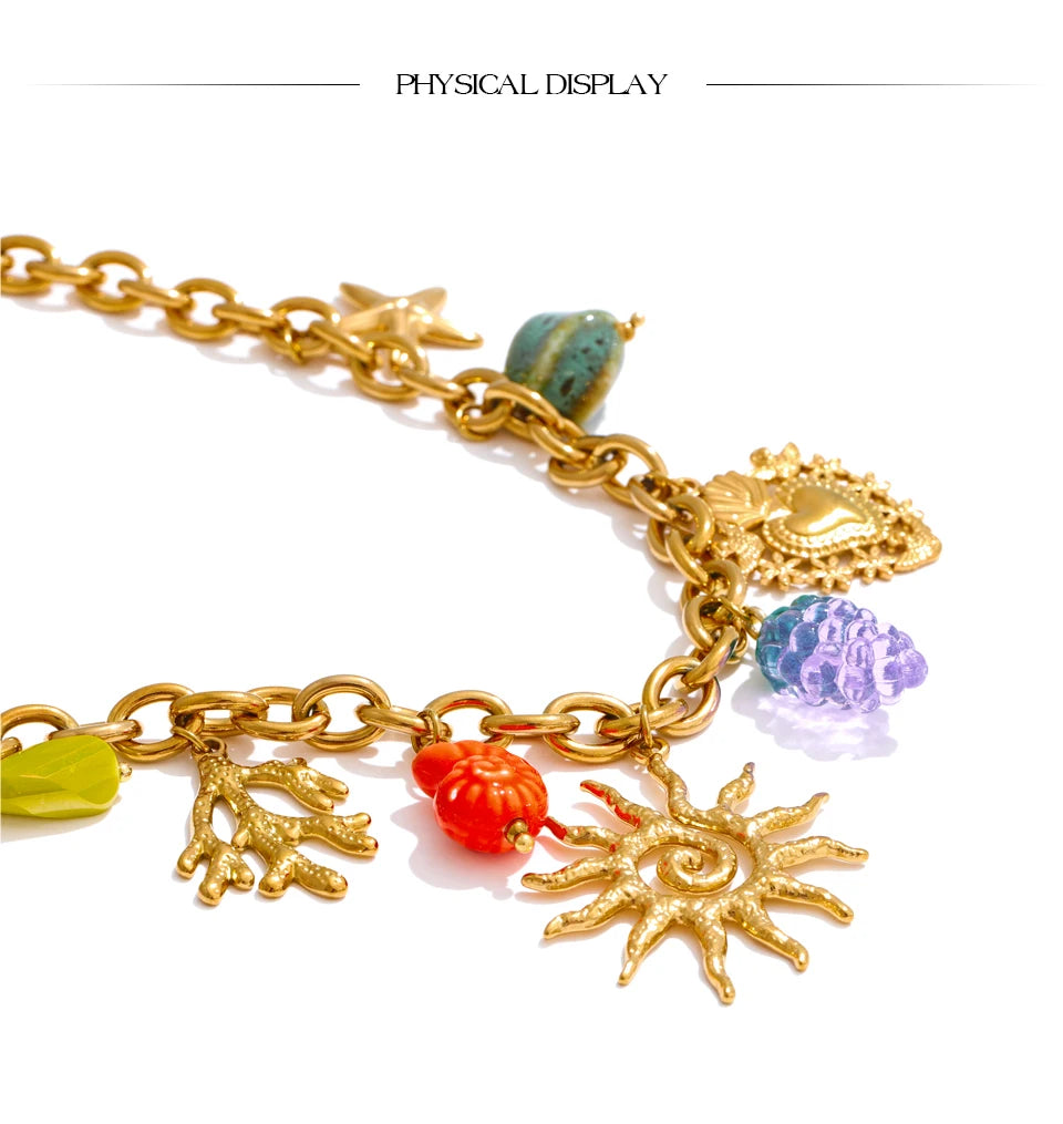 ☀️ 18k Gold Plated Yhpup Exquisite Ceramic Ocean Style Sun Pendant Necklace – Trendy Stainless Steel Jewelry
