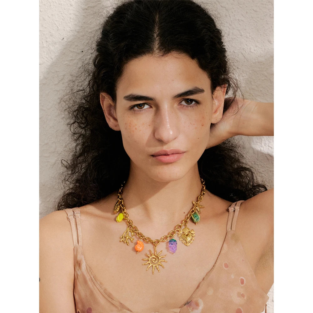 ☀️ 18k Gold Plated Yhpup Exquisite Ceramic Ocean Style Sun Pendant Necklace – Trendy Stainless Steel Jewelry